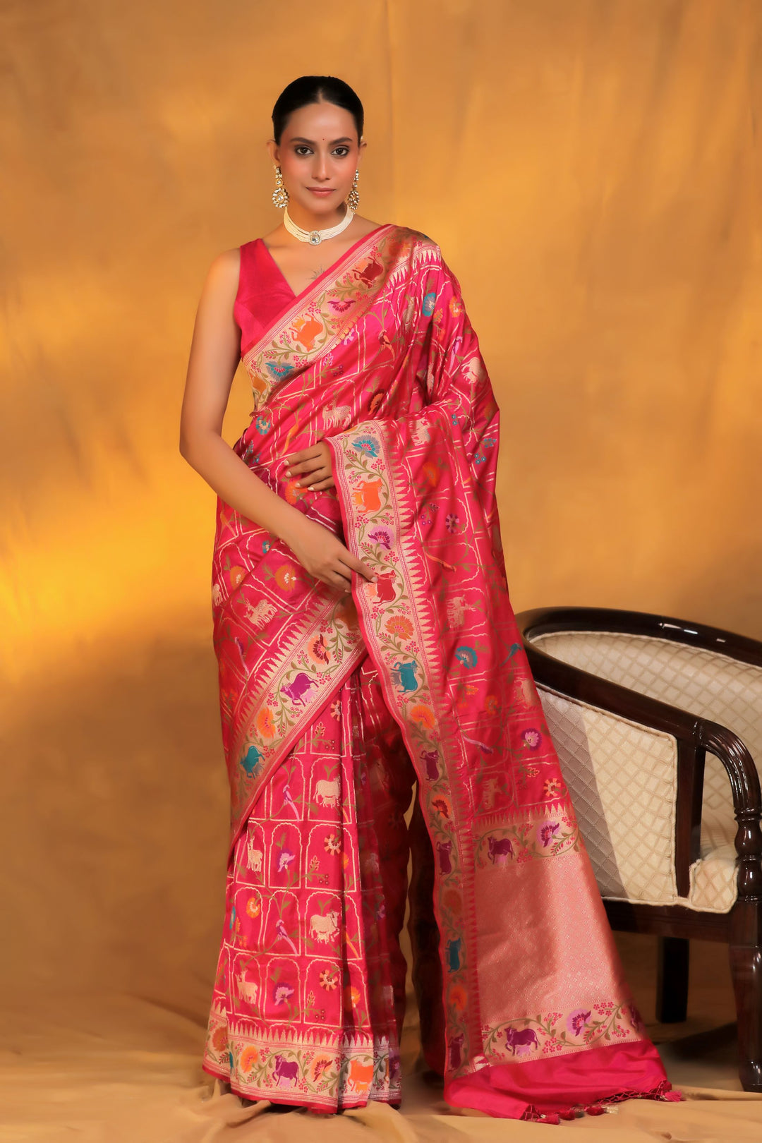 Banarasi Handloom Pink Pure Katan Silk Pichwai Saree Front View 1