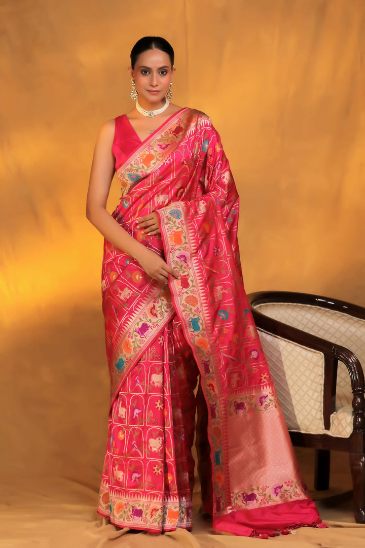 Banarasi Handloom Pink Pure Katan Silk Pichwai Saree Front View 1