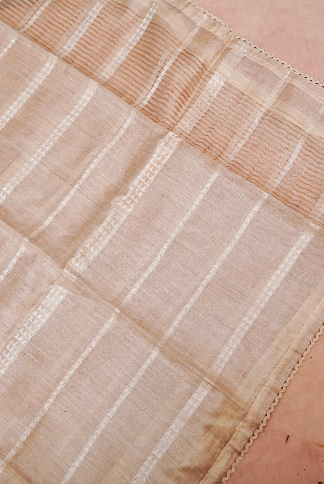 Off-White Tussar Silk Suit with Resham Embroidery and Zari Stripe Dupatta