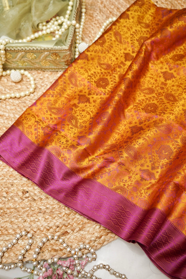 Mustard Yellow Handwoven Banarasi Tanchoi Silk Saree with Resham Art