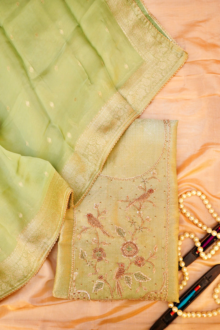 Pista Green Banarasi Brocade Soft Silk Unstitched Suit Set with Hand Zardozi Embroidery Work
