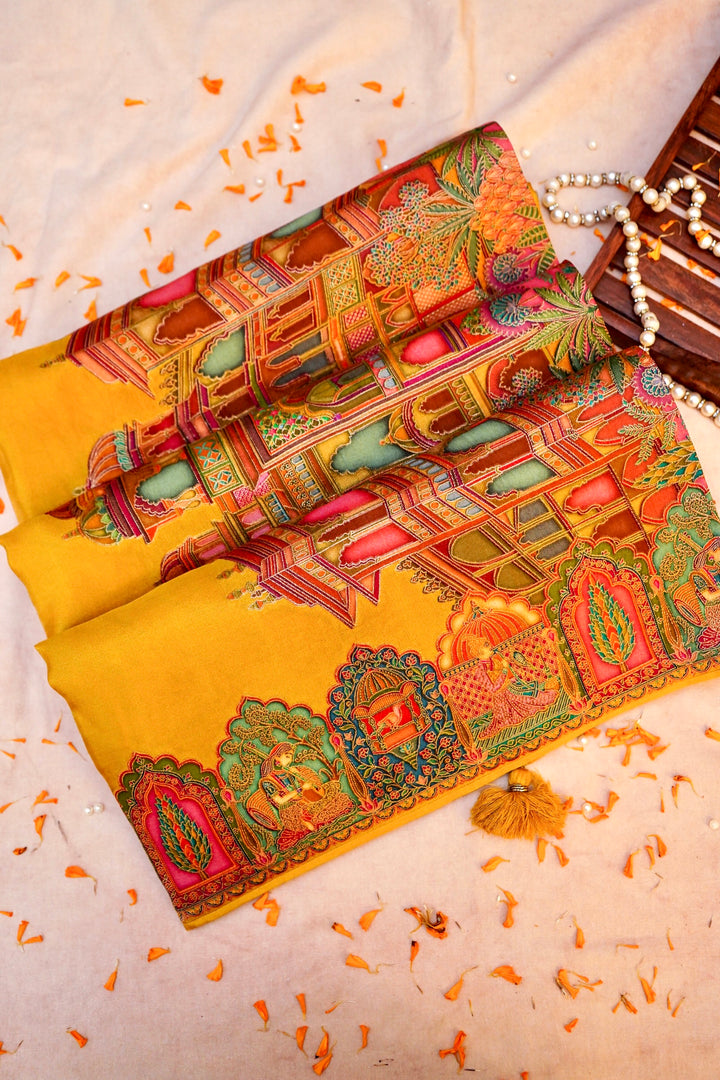 Marigold Muse Yellow Crepe Silk Saree with Resham Woven Detailing