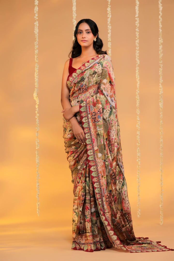 cherry red crepe silk katha embroidery figure motif saree front view 1