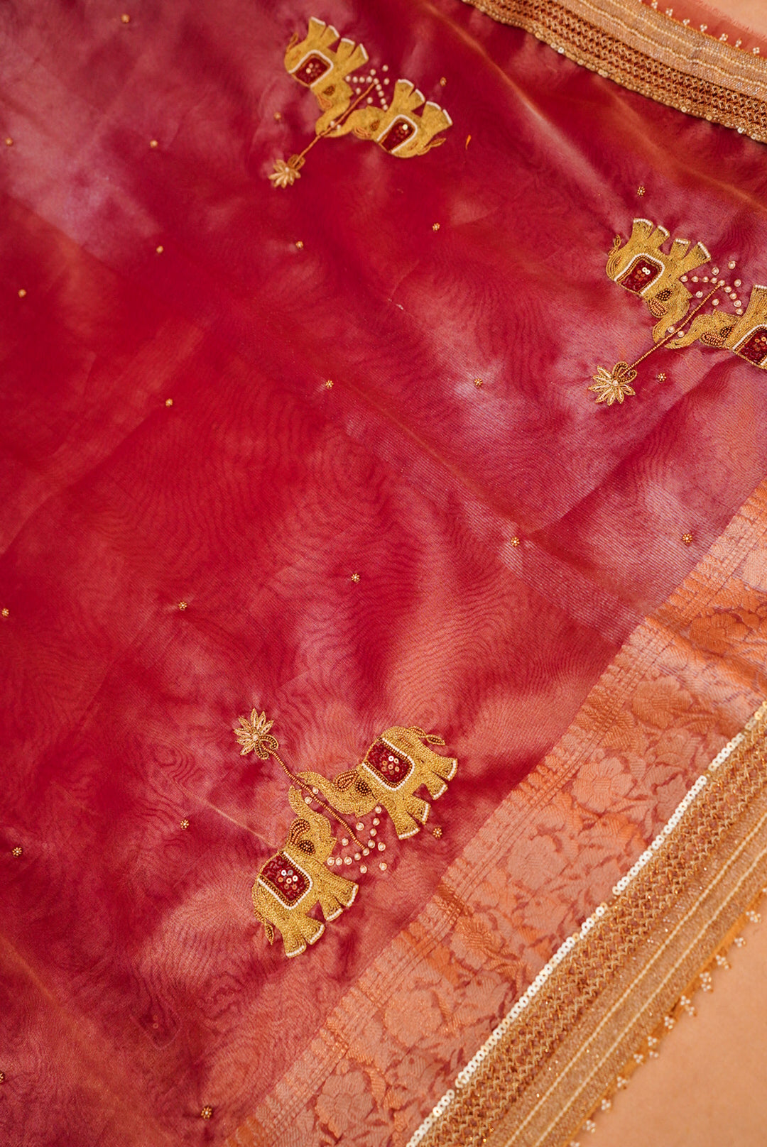 Rose Gold Gajanan Maharani Tissue Saree with Embroidery and Pearl Work