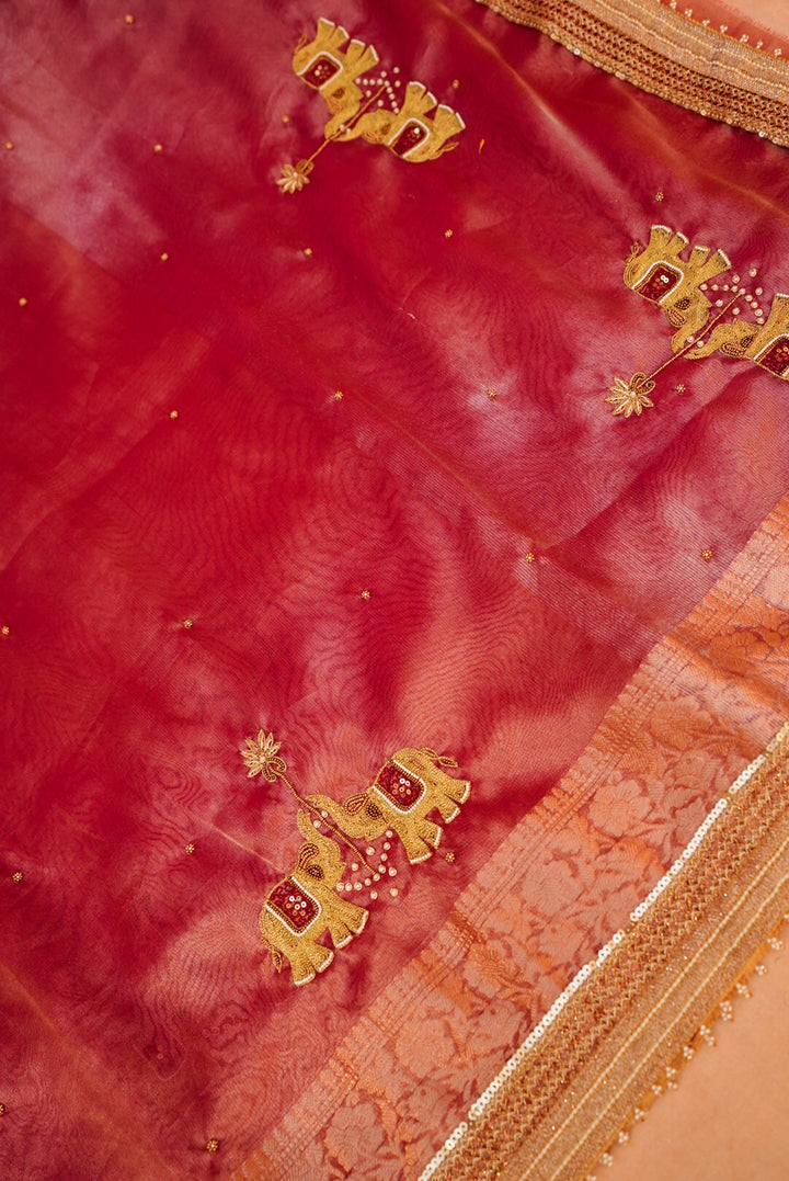 Rose Gold Gajanan Maharani Tissue Saree with Embroidery and Pearl Work