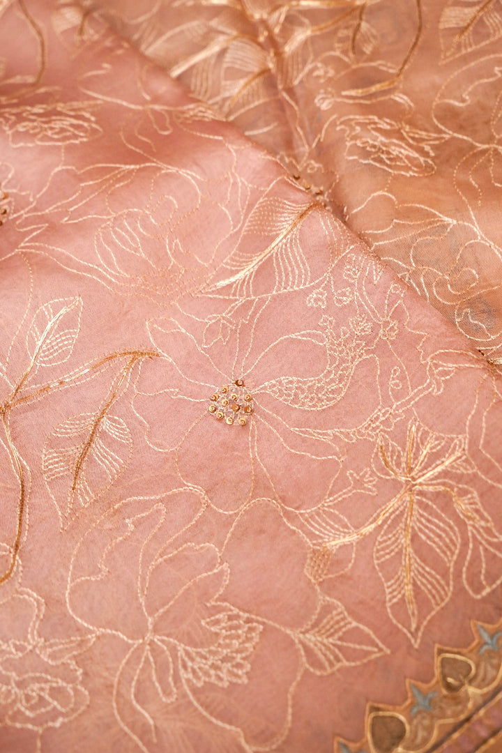 Designer Baby Pink Resham Pitta Zari Embroidery Pure Organza Saree View 5