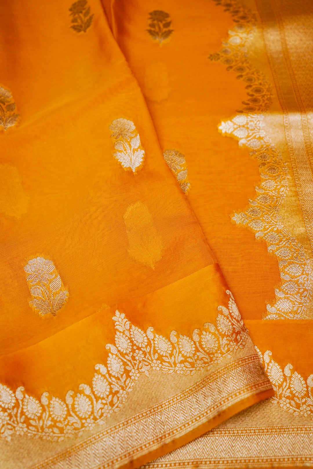 Radiant Mustard Yellow Banarasi Kora Silk Saree Handwoven Bootidar Zari with Leheriya Border