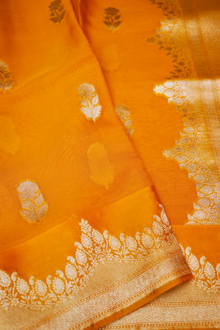 Radiant Mustard Yellow Banarasi Kora Silk Saree Handwoven Bootidar Zari with Leheriya Border