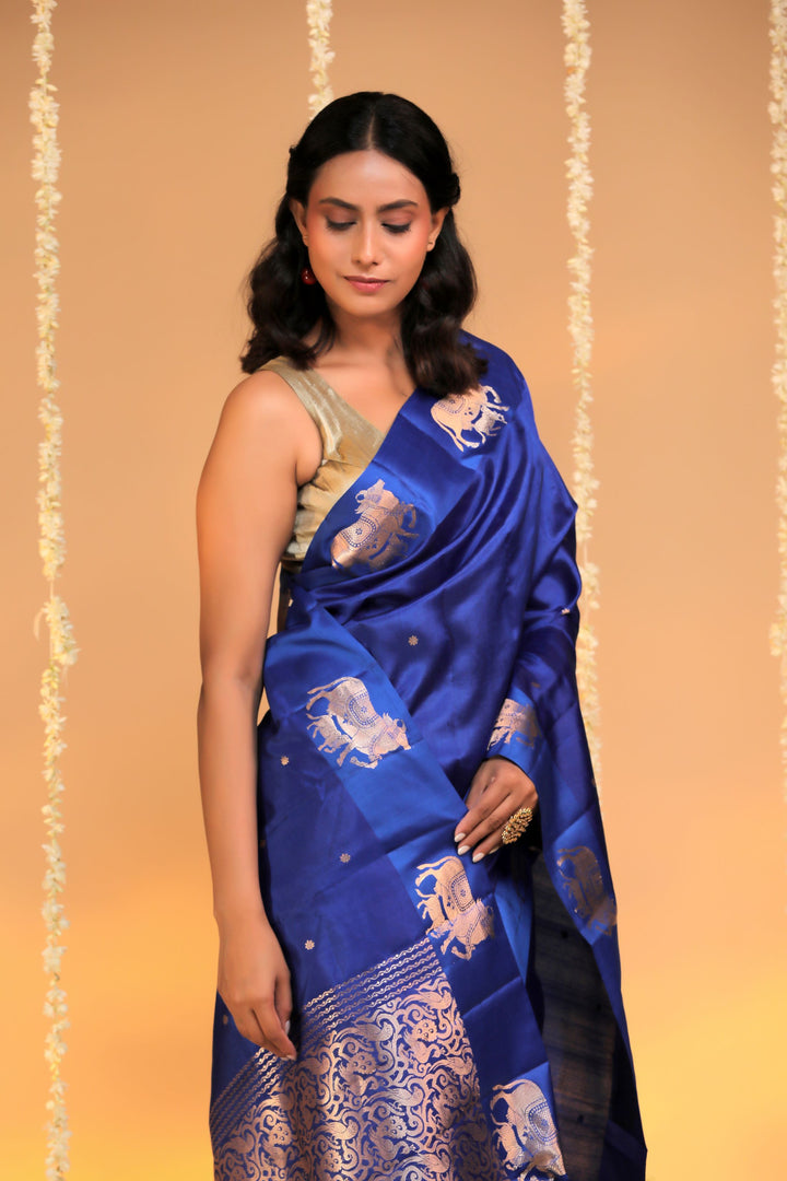 handwoven banarasi pure mashru silk kamdhenu motif satin border saree royal blue side view 2