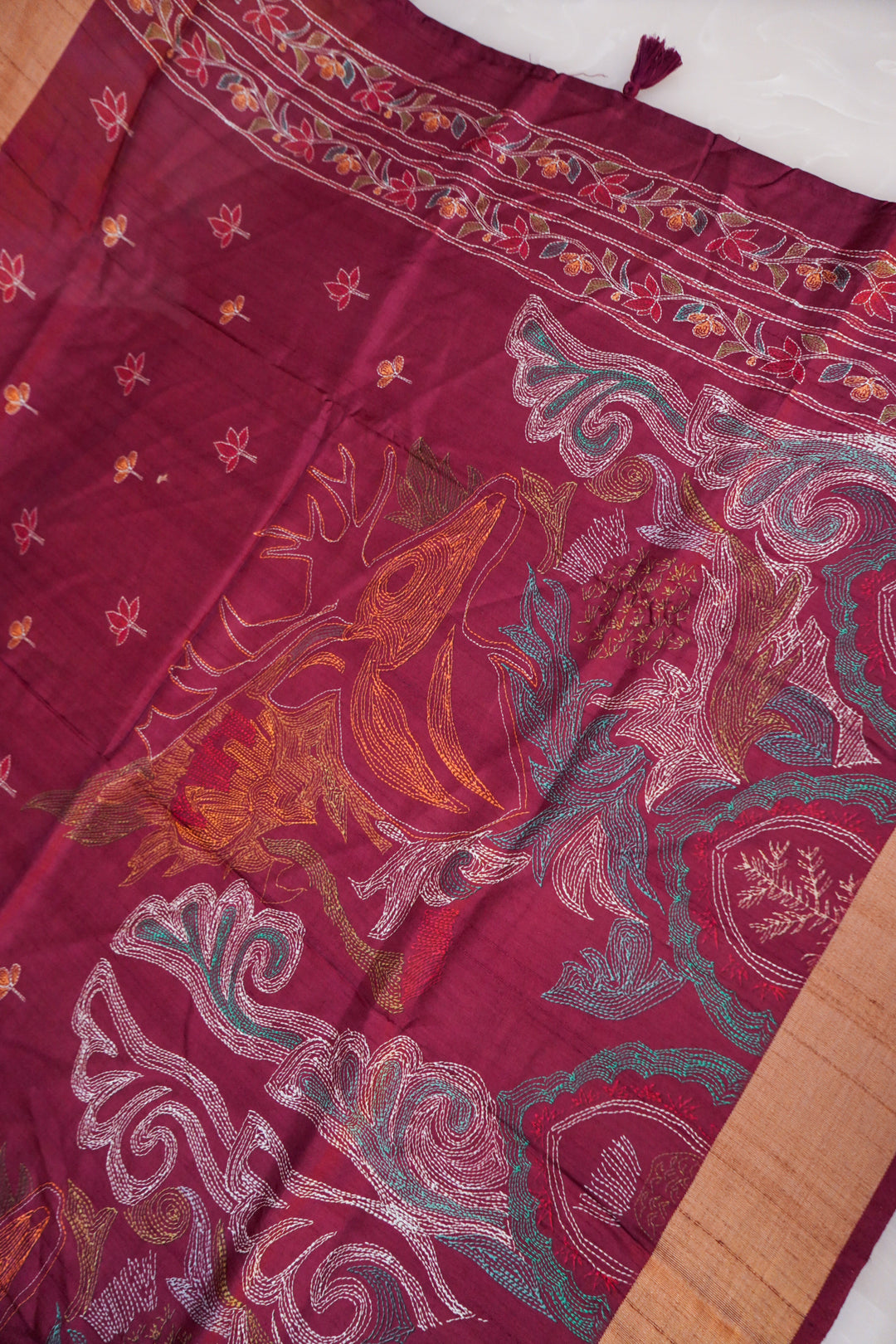 Maroon Tussar Silk Saree with Ajrak Animal Motif &amp; Meenakari Bootidar Weaving