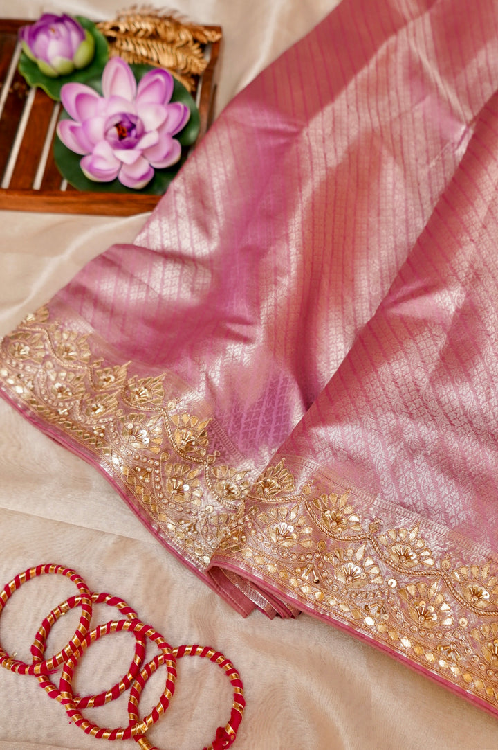 Baby Pink Designer Banarasi Brocade Tissue Saree with Hand Embroidery