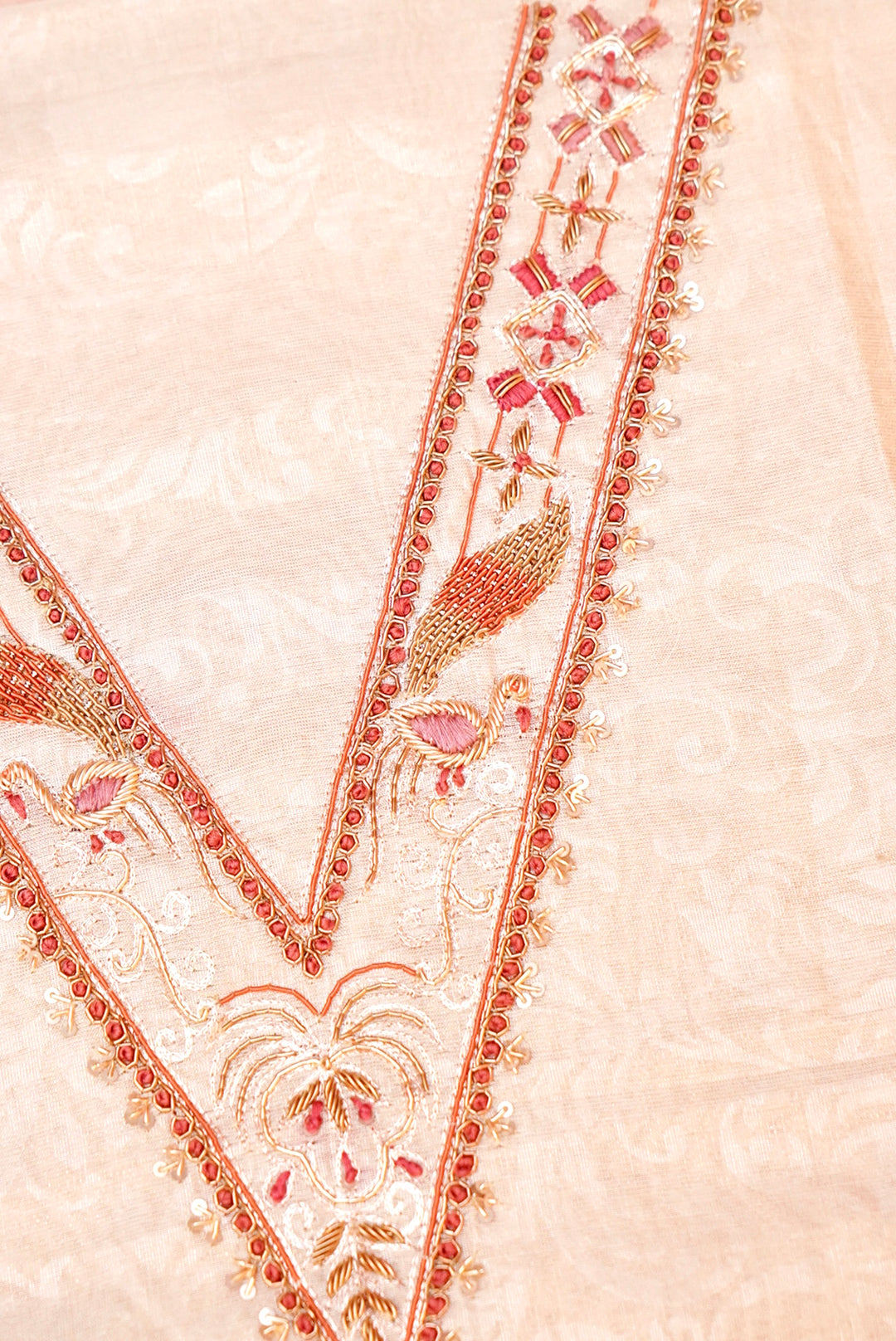 Beige Gold Pure Chanderi Tissue Silk Suit with Zardozi & Resham Embroidery