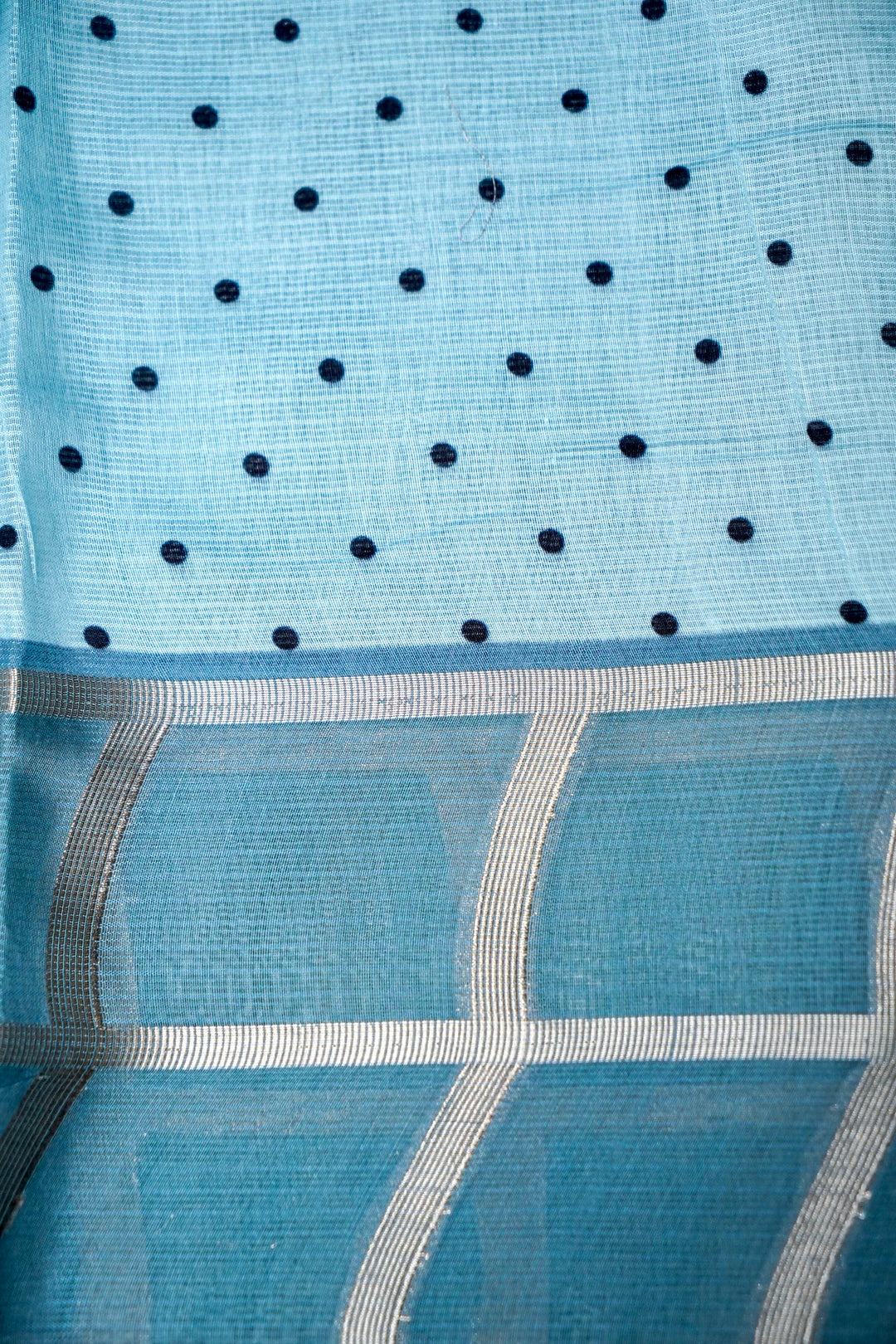 Glacier Blue Kota Check Saree with Printed Body and Zari Weave Check Border Blouse