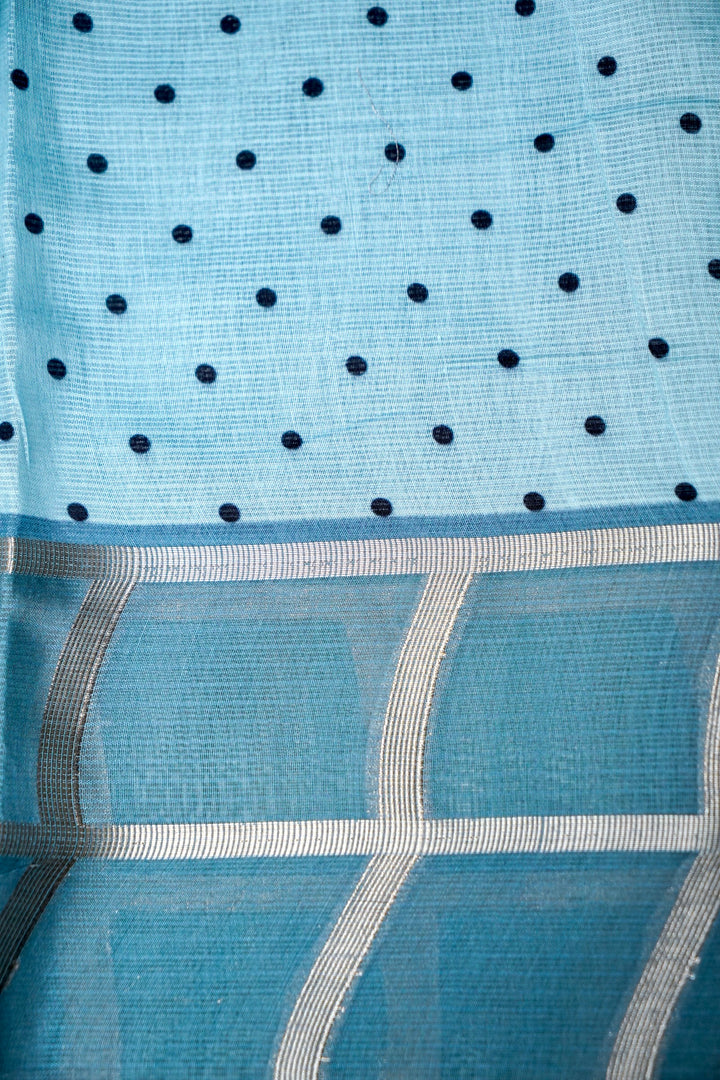 Glacier Blue Kota Check Saree with Printed Body and Zari Weave Check Border Blouse