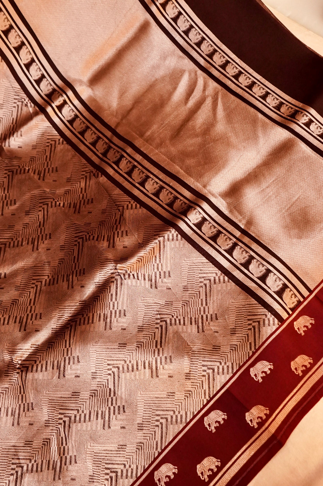 Earthly Elegance – Brown Pure Handloom Organza Silk Saree with Elephant Motif Border