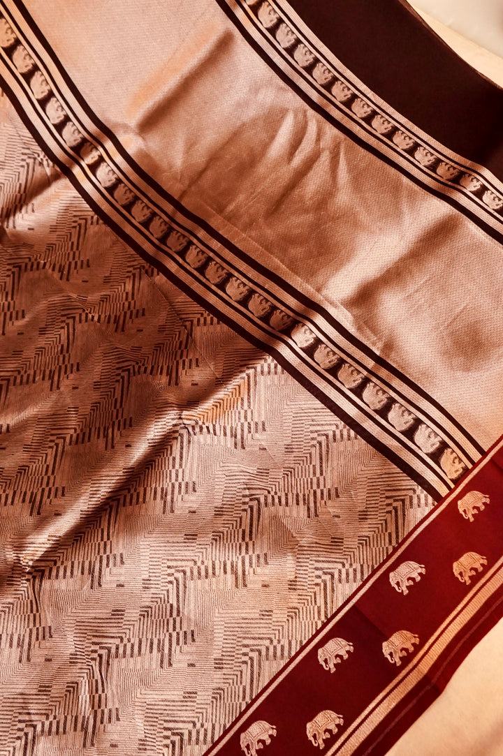 Earthly Elegance – Brown Pure Handloom Organza Silk Saree with Elephant Motif Border