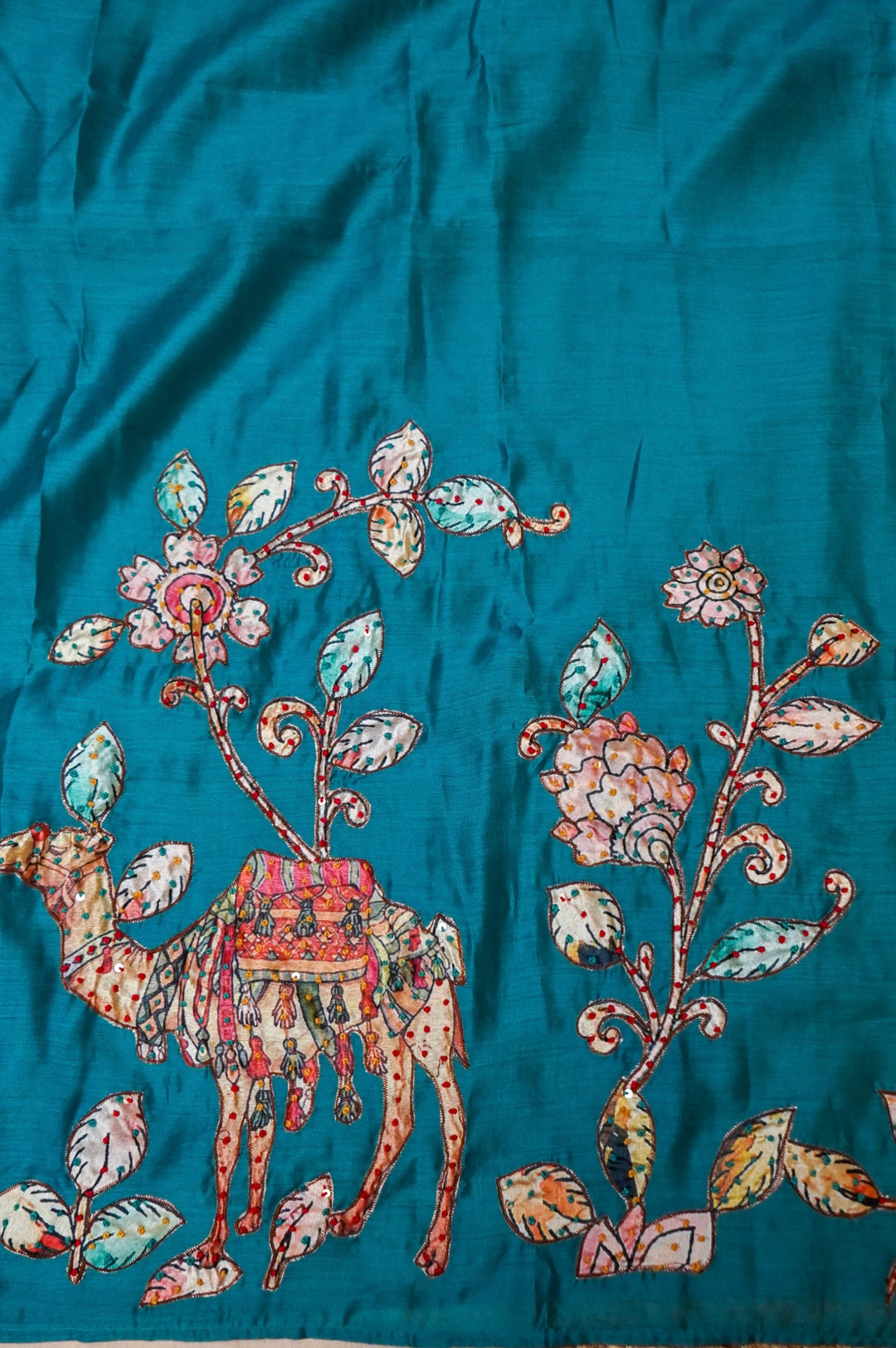 Peacock Green Crepe Silk Suit Set with Appliqué and Kantha Embroidery Design View 6