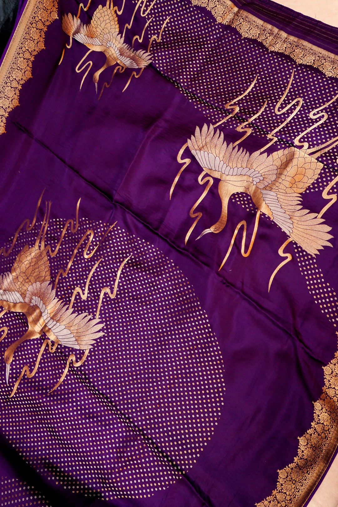 Purple Banarasi Satin Crepe Bandhej Weaving Saree with Birds Motif