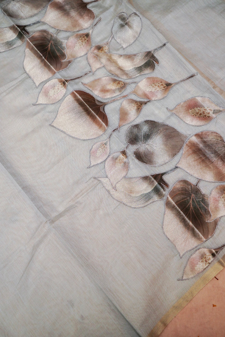 Grey Pure Chanderi Tissue Suit with Appliqué Work