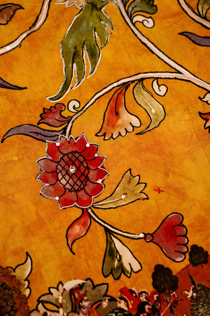 Haldi Ceremony Crepe Silk Saree with Floral Prints