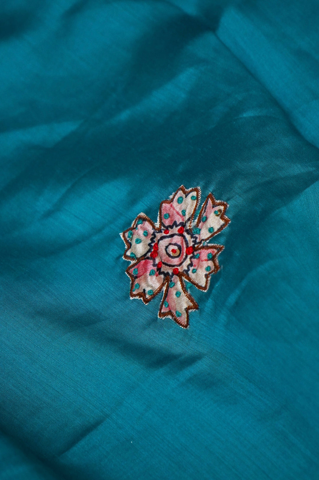 Peacock Green Crepe Silk Suit Set with Appliqué and Kantha Embroidery Closeup View 3