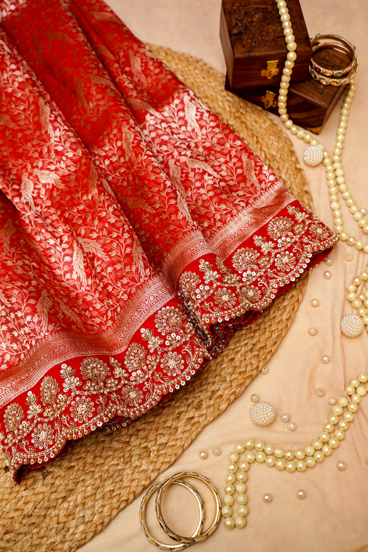 Bridal Pink Brocade Silk Figure Motif Saree with Embroidery Border View 1