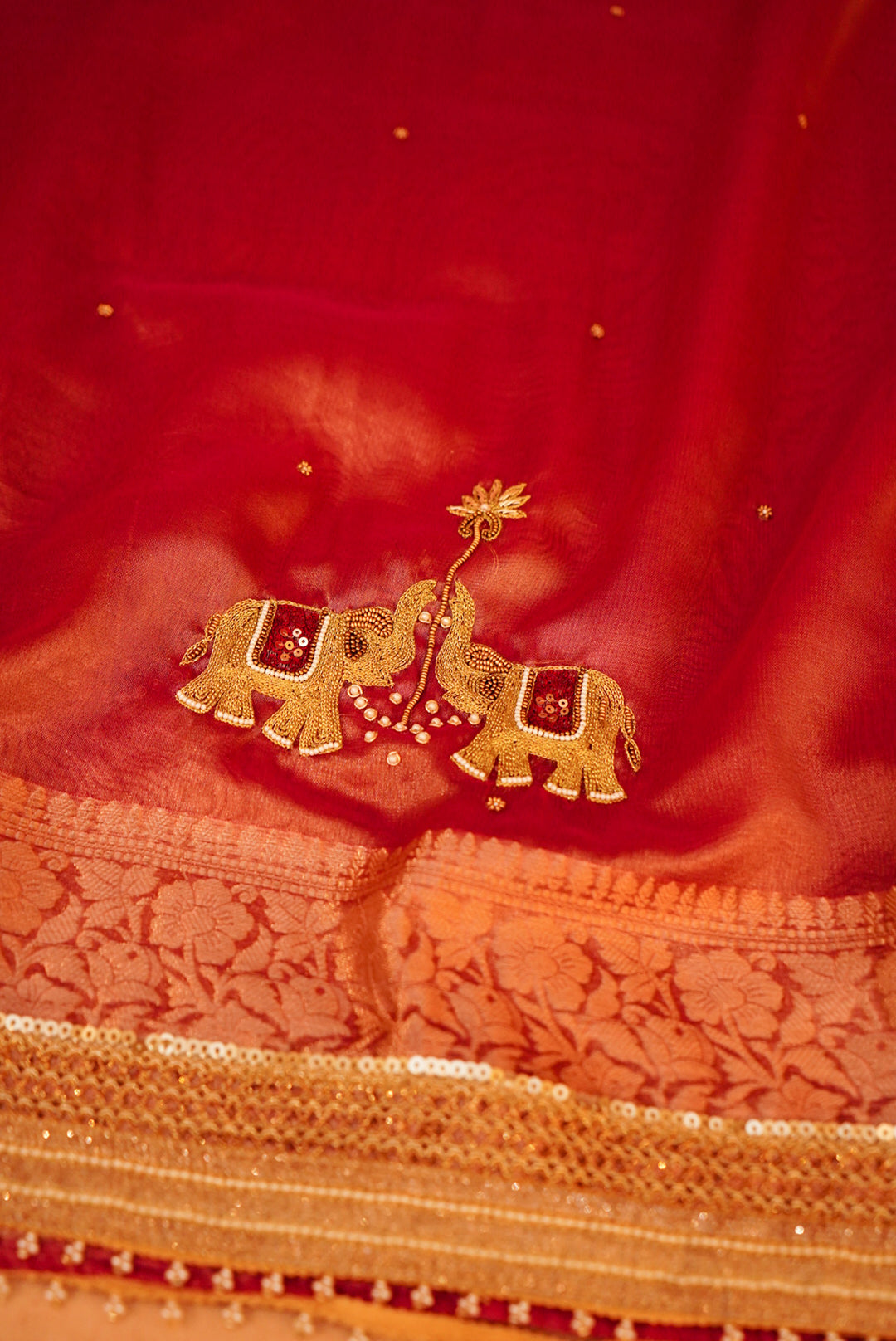 Rose Gold Gajanan Maharani Tissue Saree with Embroidery and Pearl Work