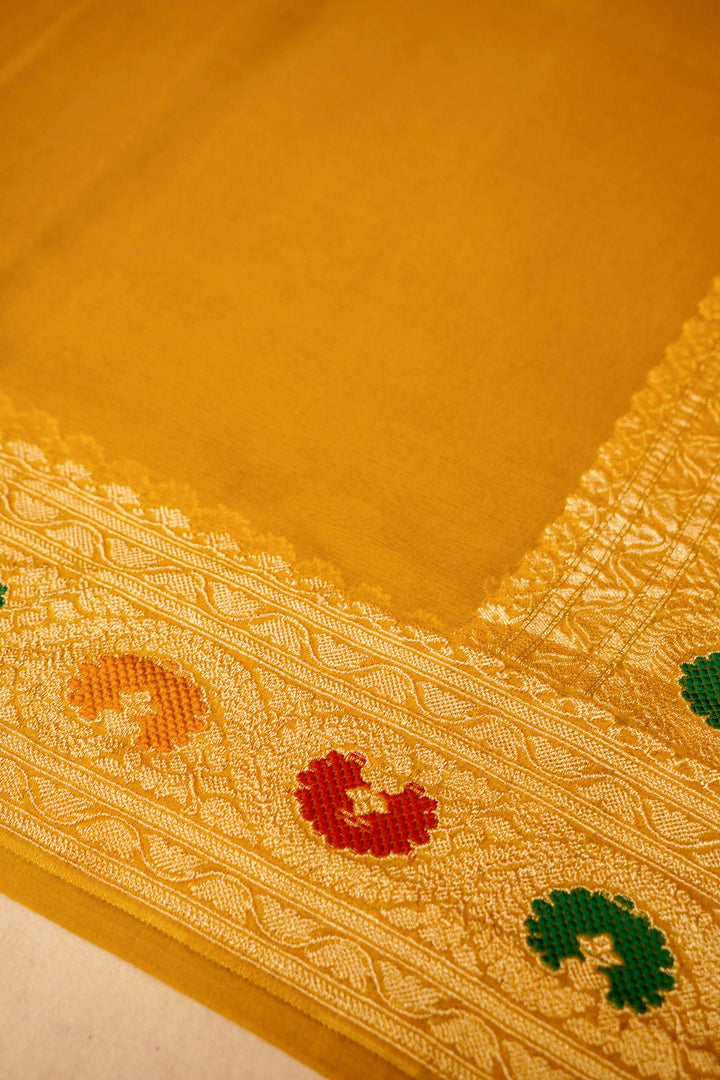 Haldi Wear Yellow Pure Khaddi Georgette Meenakari Saree View 4
