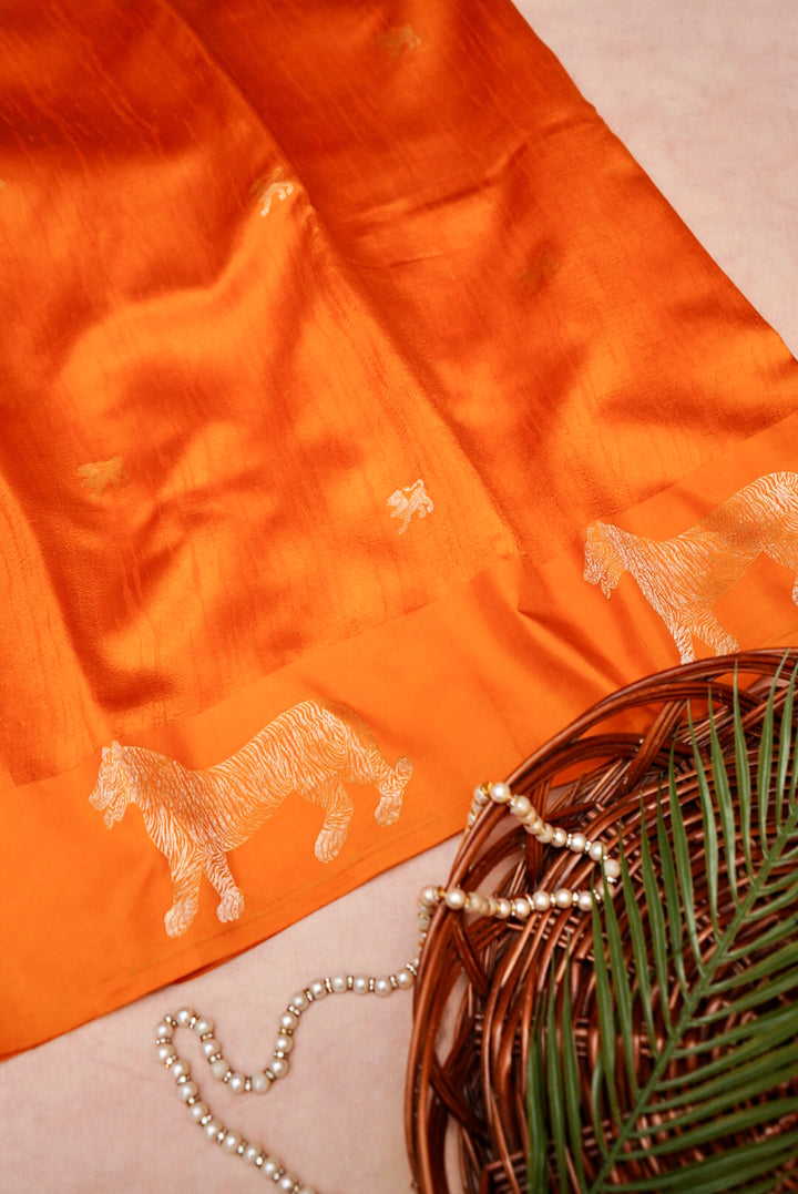 Yellow Banarasi Pure Katan Silk Saree with Zari Tiger Motif