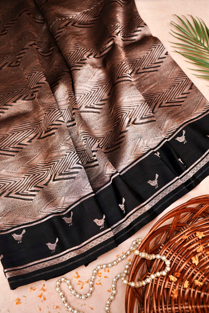 Banarasi Chevron Weave Black Pure Organza Birds Motif Saree