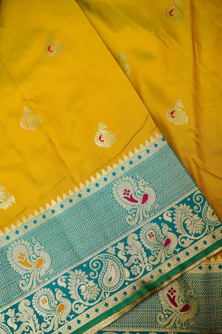 Mustard Yellow Soft Silk Kanjivaram Inspired Bird Motifs Saree with Contrast Border Pallu