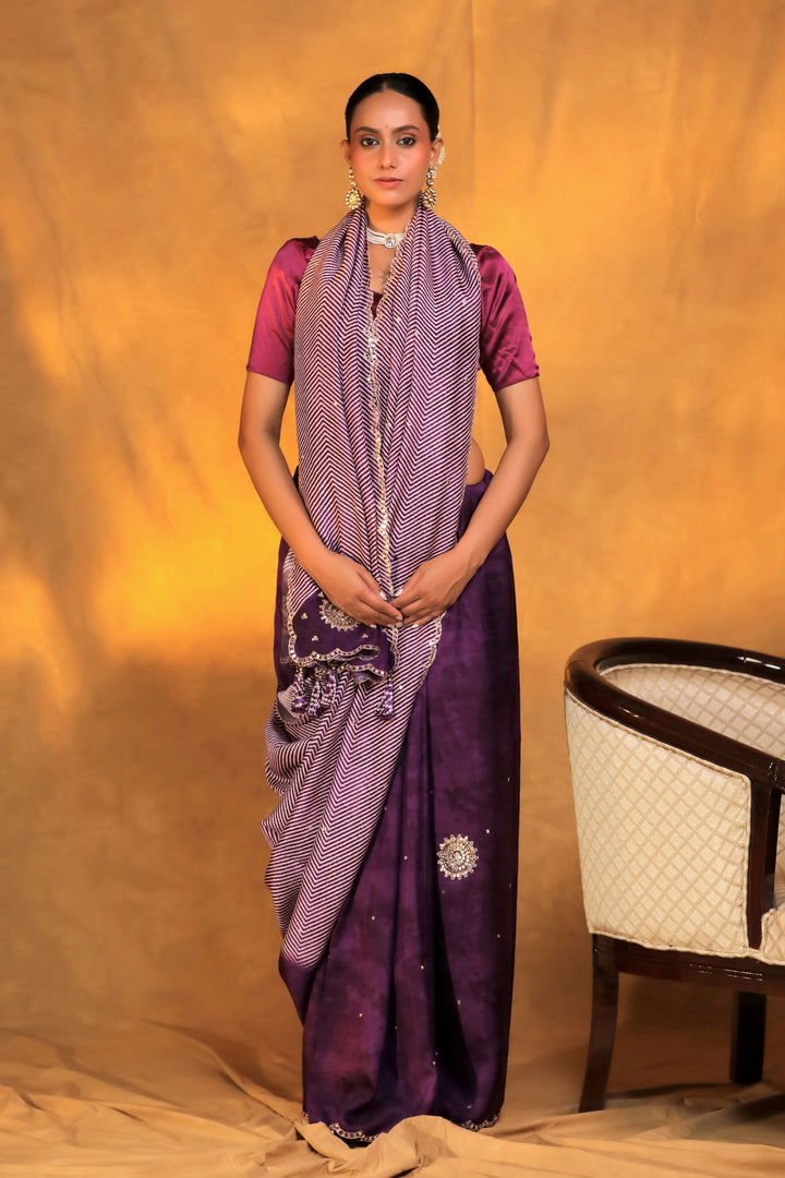 purple crepe silk geometric strip mirror work saree front view 1