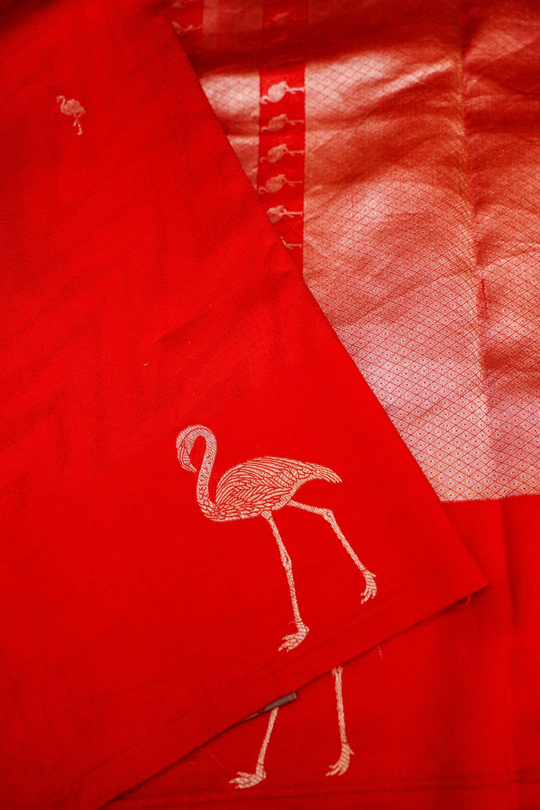 Handwoven Red Bridal Banarasi Katan Silk Saree with Golden Zari Bird Motifs