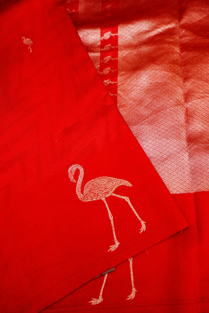 Handwoven Red Bridal Banarasi Katan Silk Saree with Golden Zari Bird Motifs