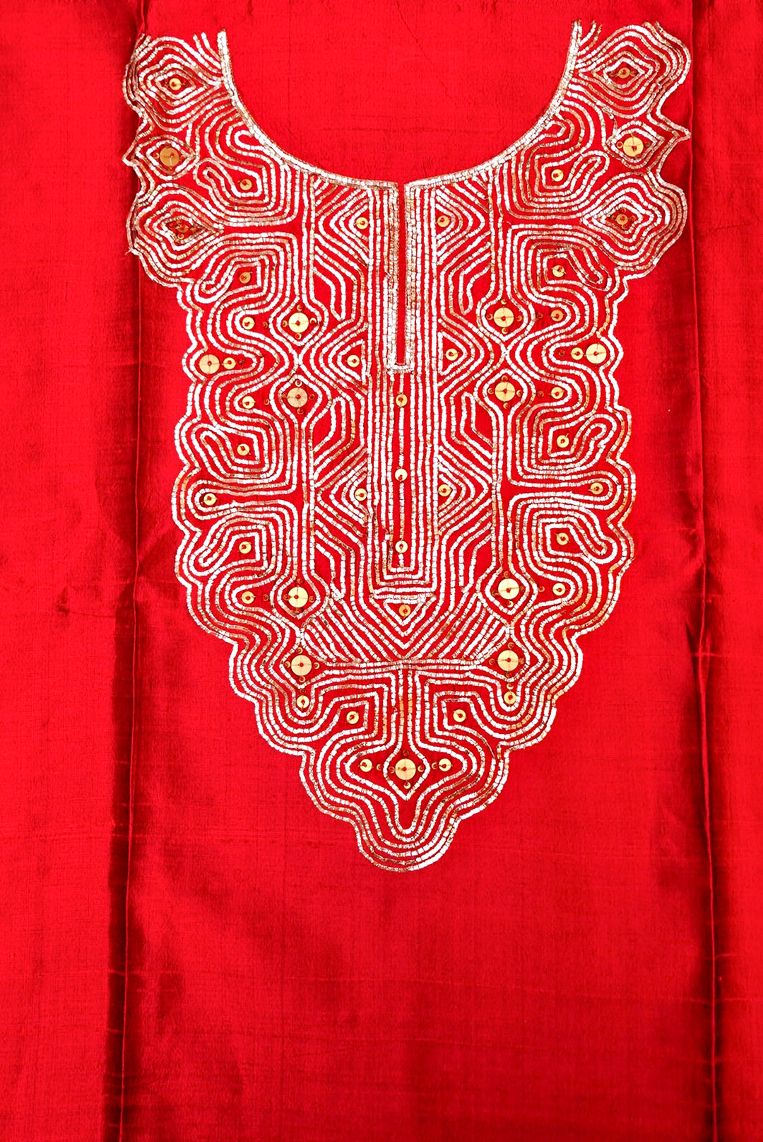 Red Bridal Handloom Raw Silk Suit with Pitta Zari Neckline and Organza Dupatta