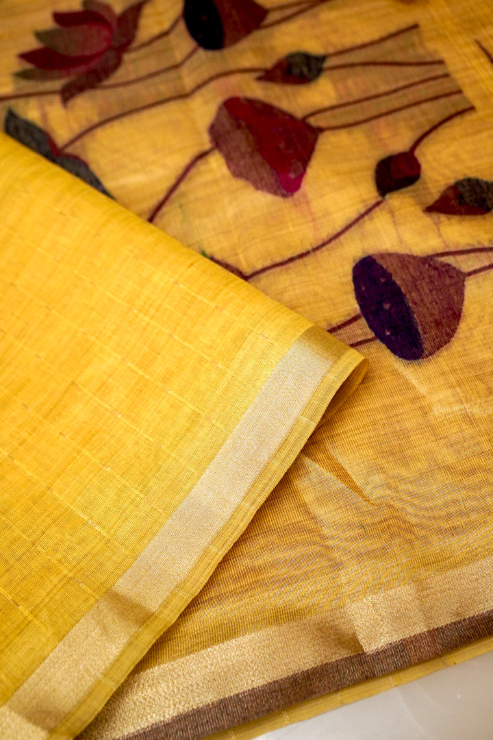 Radiant Yellow Cotton Silk Haldi Saree with Zari Stripe Weave Paithani Pallu View 3