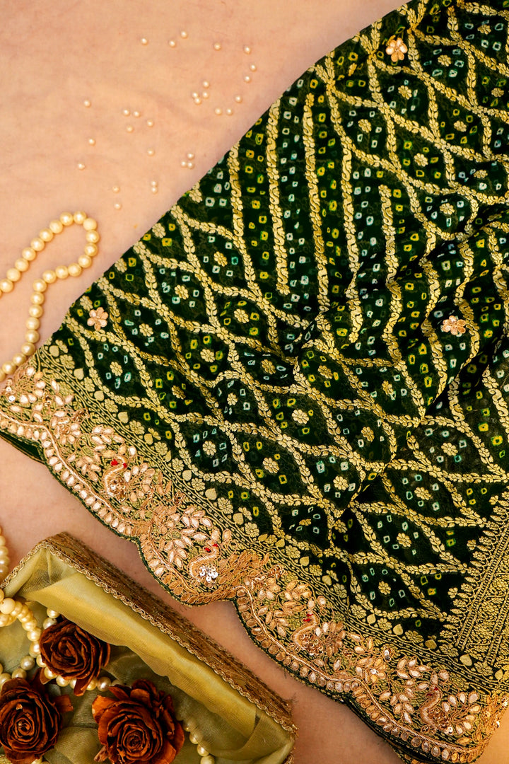 Regal Charm of Handwoven Banarasi Pure Green Khaddi Georgette Bandhej Saree