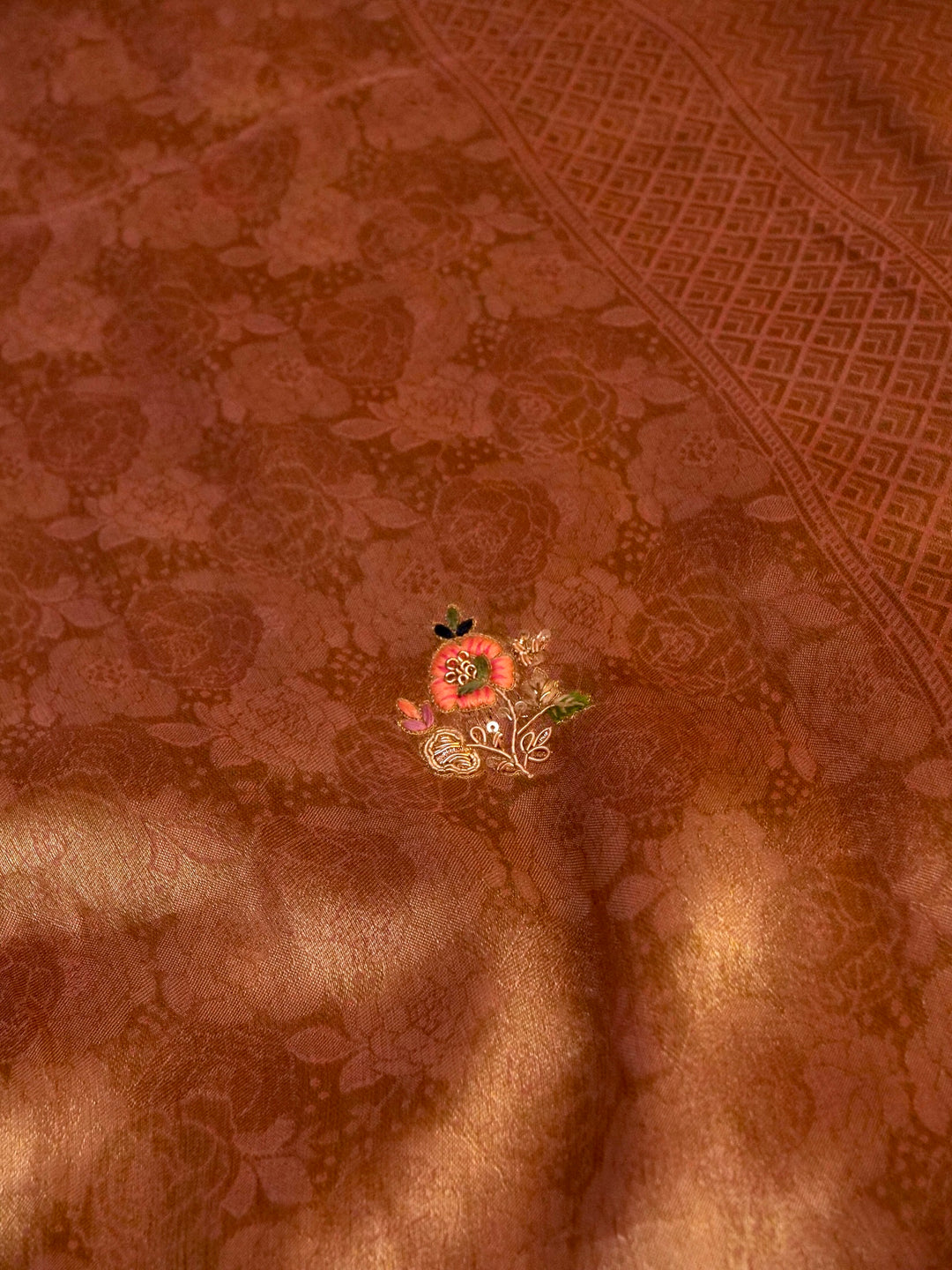Copper Gold Banarasi Brocade Silk Saree with Zardozi and Resham Work