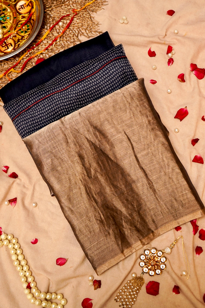 Golden Navy Elegance Contemporary Organza Tissue Saree View 1