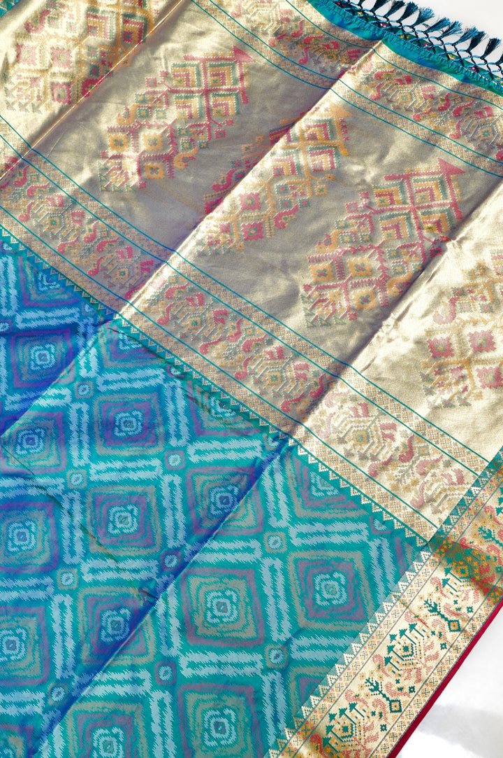 Teal Green Soft Silk Ikat Inspired Saree with Golden Zari Heavy Border & Pallu