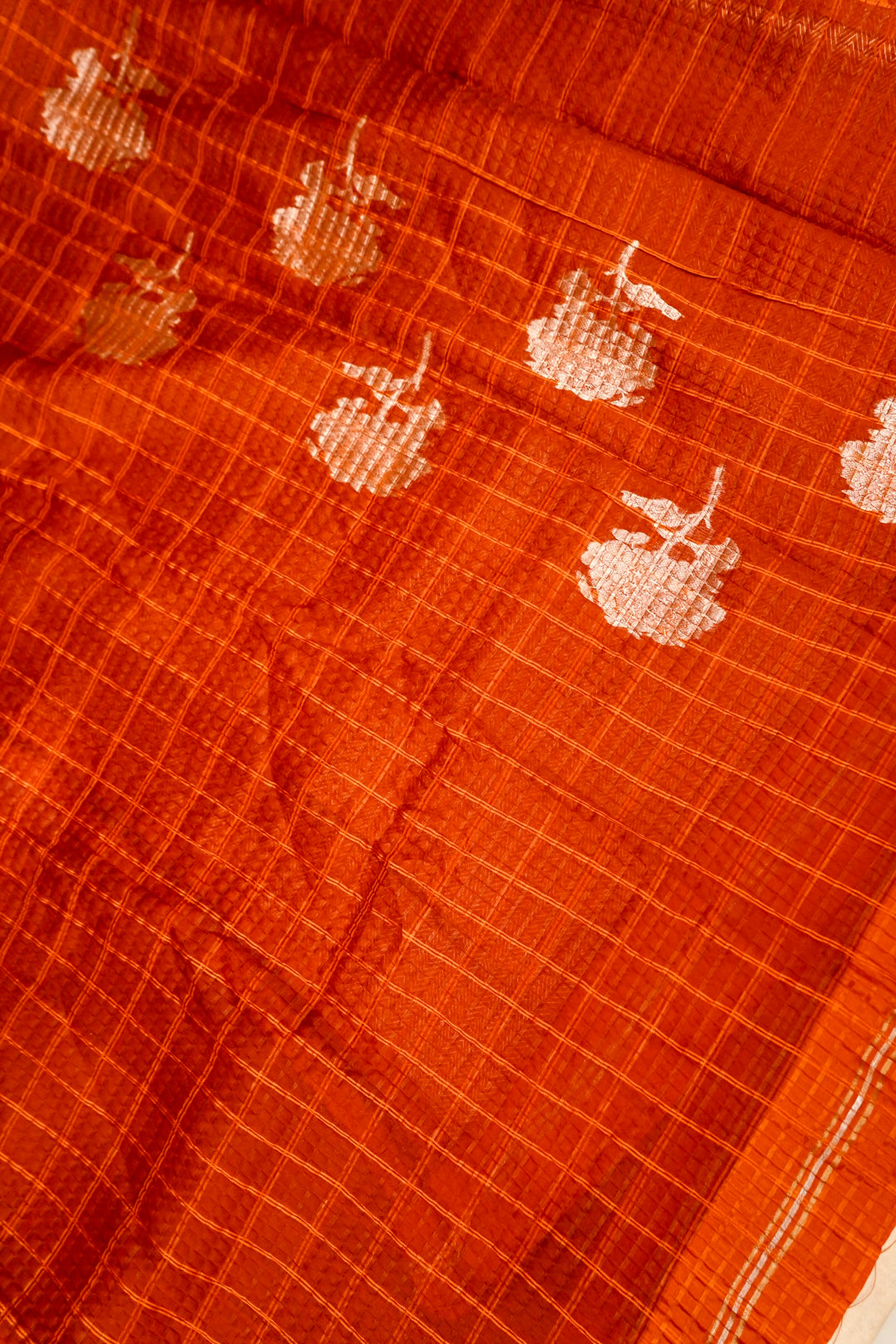 Rust Orange Checkered Grace Pure Banarasi Crush Organza Silk Saree Open View