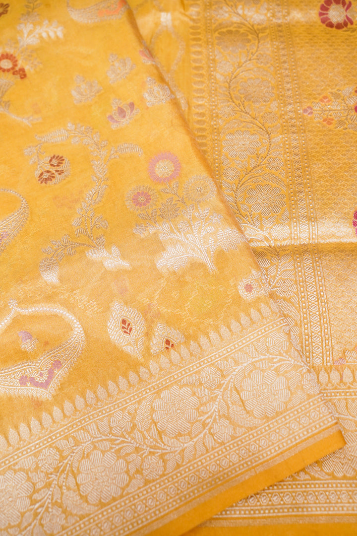 Golden Handwoven Banarasi Pure Tissue Katan Silk Meenakari Jaal Saree