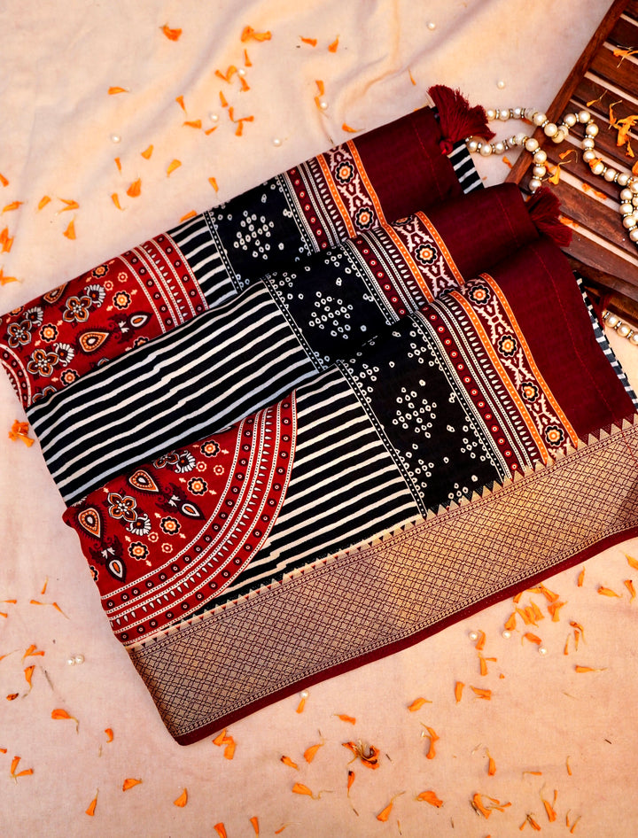 Noir Aura Black Banarasi Crepe Silk Ajrak Print Saree