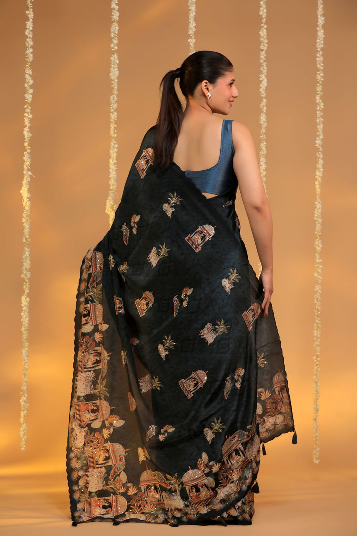 charcoal grey crepe silk katha embroidery figure motif saree back view