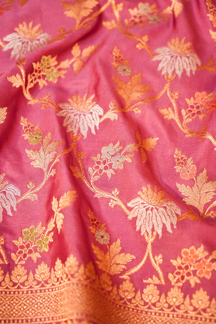 Pink Handloom Pure Banarasi Katan Satin Silk Jangla Saree
