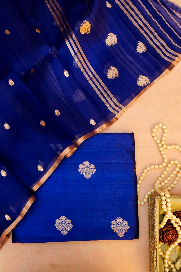 Blue Pure Handloom Raw Silk Suit with Organza Dupatta