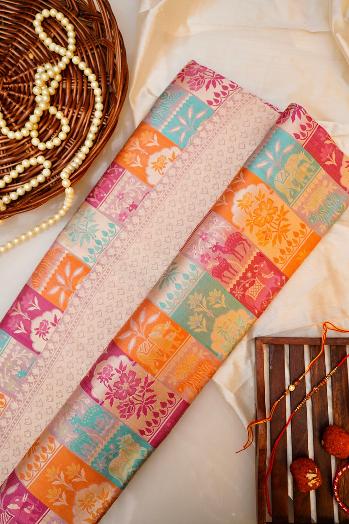 Handwoven Rangkat Banarasi Pure Katan Silk Saree with Zari & Thread Woven Animal Motif
