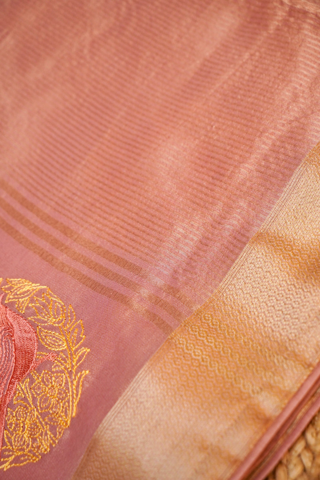 Pink Rose Gold Soft Tissue Saree Resham Bird Motifs &amp; Woven Border