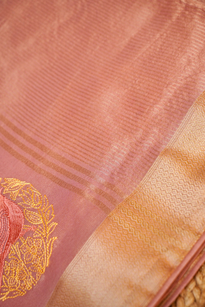 Pink Rose Gold Soft Tissue Saree Resham Bird Motifs &amp; Woven Border