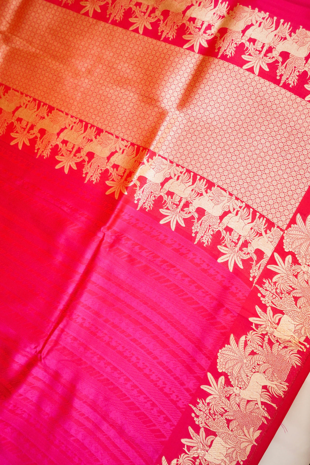 Regal Handwoven Pink Banarasi Pure Katan Silk Saree with Golden Zari Shikargah Border & Pallu